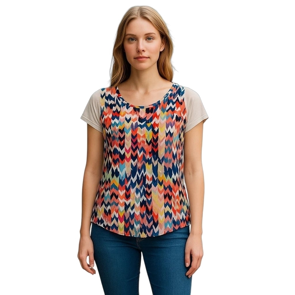 Maeve Red and Blue Graphic Cap Sleeve Blouse